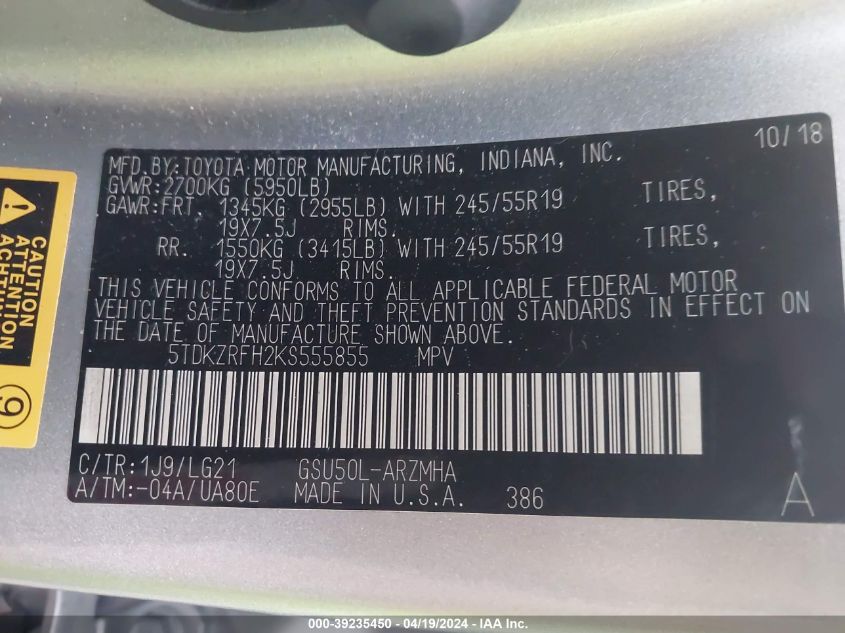 2019 Toyota Highlander Se VIN: 5TDKZRFH2KS555855 Lot: 39235450