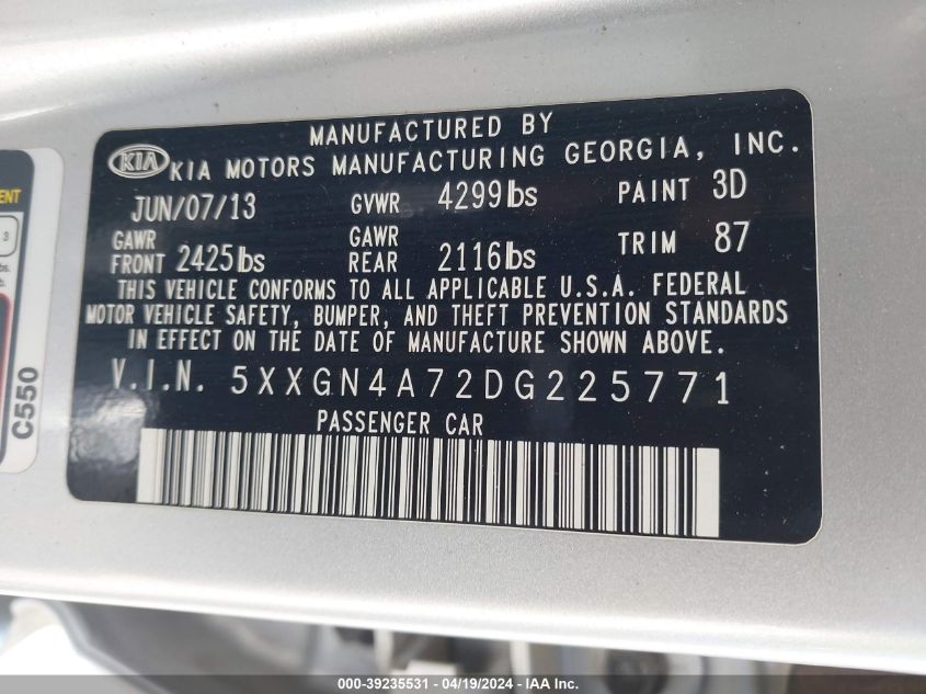 2013 Kia Optima Ex VIN: 5XXGN4A72DG225771 Lot: 39235531