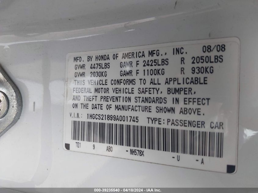 2009 Honda Accord 3.5 Ex-L VIN: 1HGCS21899A001745 Lot: 11984974