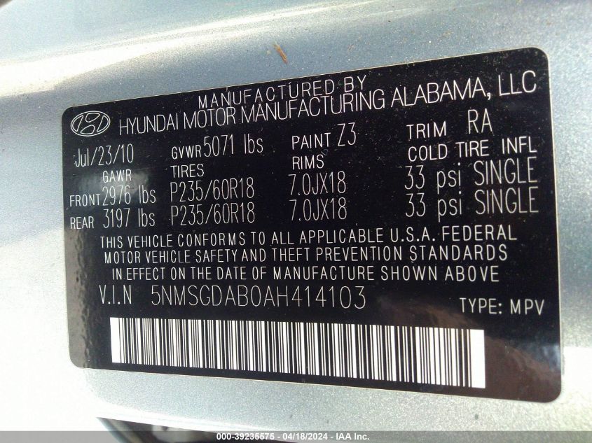2010 Hyundai Santa Fe Gls VIN: 5NMSGDAB0AH414103 Lot: 39235575