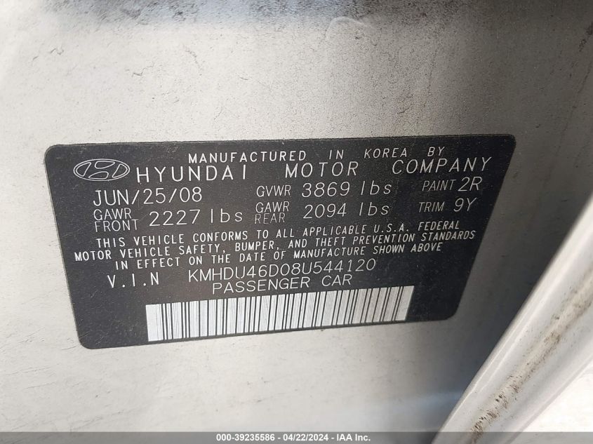 KMHDU46D08U544120 | 2008 HYUNDAI ELANTRA