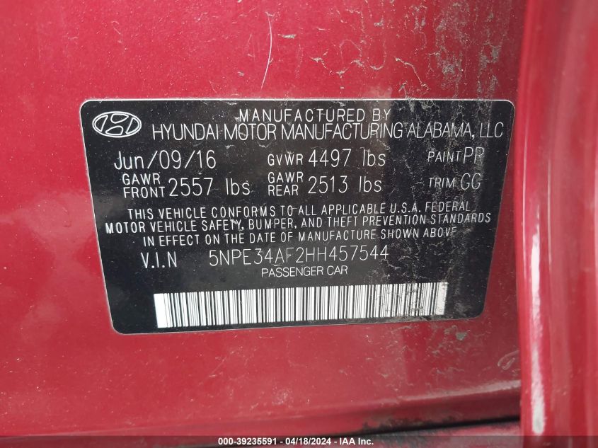 2017 Hyundai Sonata Sport VIN: 5NPE34AF2HH457544 Lot: 39235591