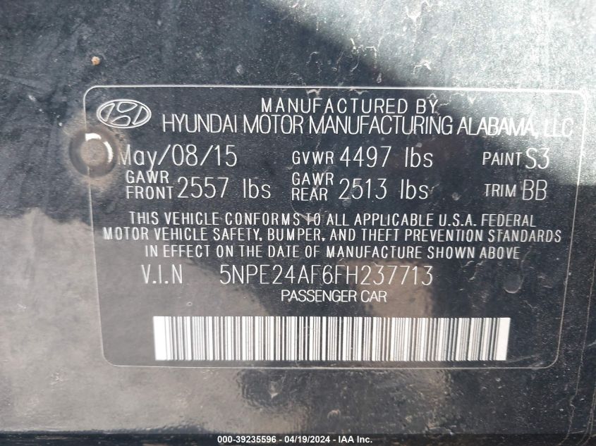 2015 Hyundai Sonata Se VIN: 5NPE24AF6FH237713 Lot: 39235596