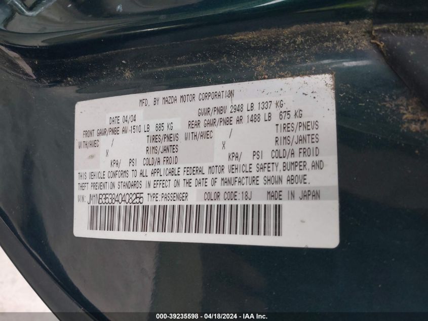 2004 Mazda Mx-5 Miata Ls VIN: JM1NB353840408255 Lot: 48724844