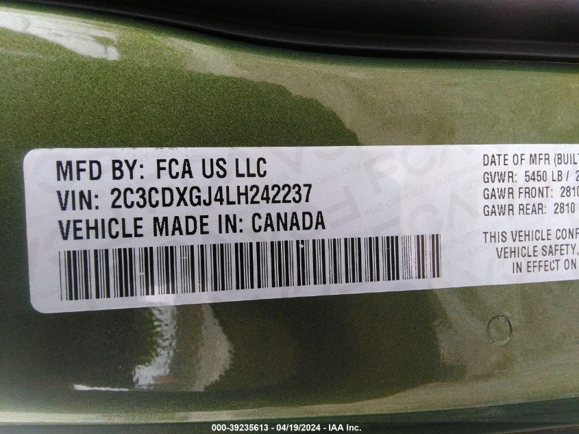 2020 Dodge Charger Scat Pack Rwd VIN: 2C3CDXGJ4LH242237 Lot: 39235613