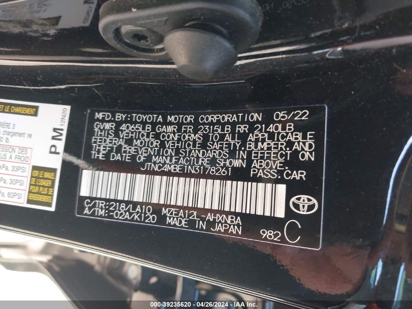 2022 Toyota Corolla Xse VIN: JTNC4MBE1N3178261 Lot: 39235620