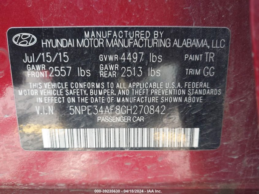 2016 Hyundai Sonata Sport VIN: 5NPE34AF8GH270842 Lot: 39235630