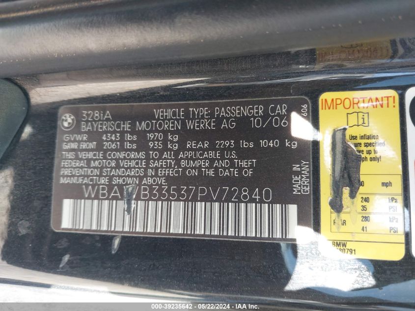 2007 BMW 328I VIN: WBAWB33537PV72840 Lot: 39235642