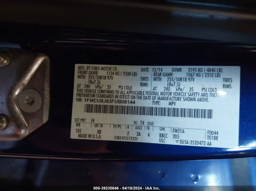 2015 Ford Escape Titanium VIN: 1FMCU9J93FUB08144 Lot: 39235646