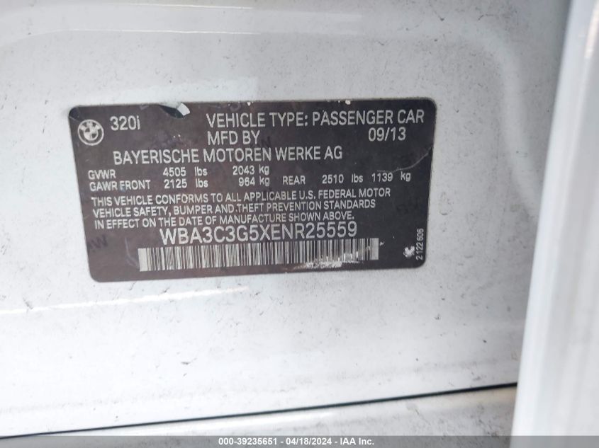 2014 BMW 320I xDrive VIN: WBA3C3G5XENR25559 Lot: 39235651