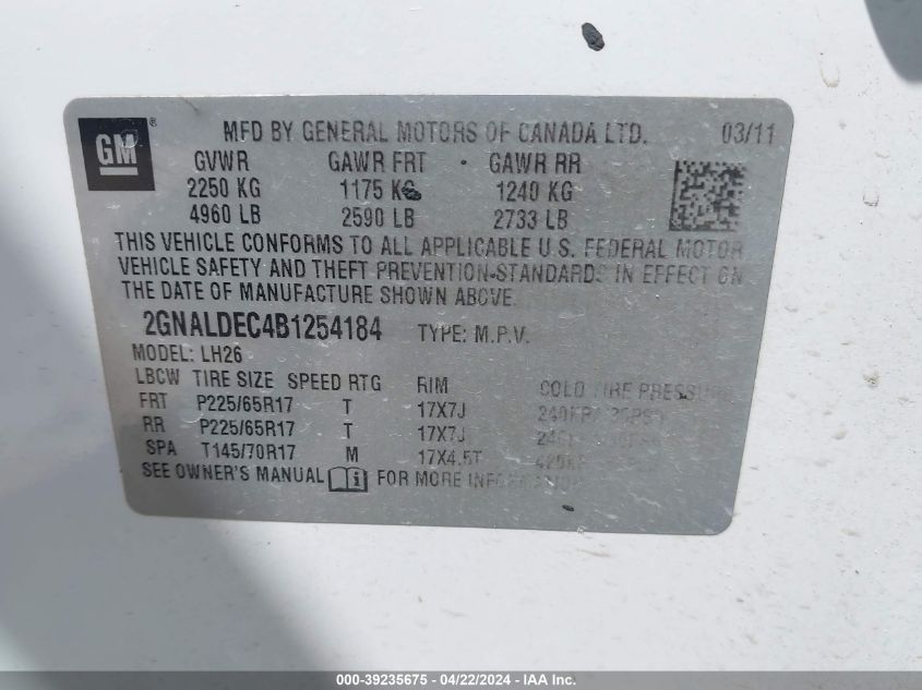 2011 Chevrolet Equinox 1Lt VIN: 2GNALDEC4B1254184 Lot: 39235675