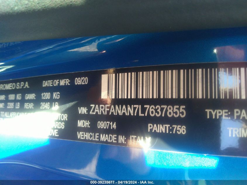 2020 Alfa Romeo Giulia Awd VIN: ZARFANAN7L7637855 Lot: 39235677