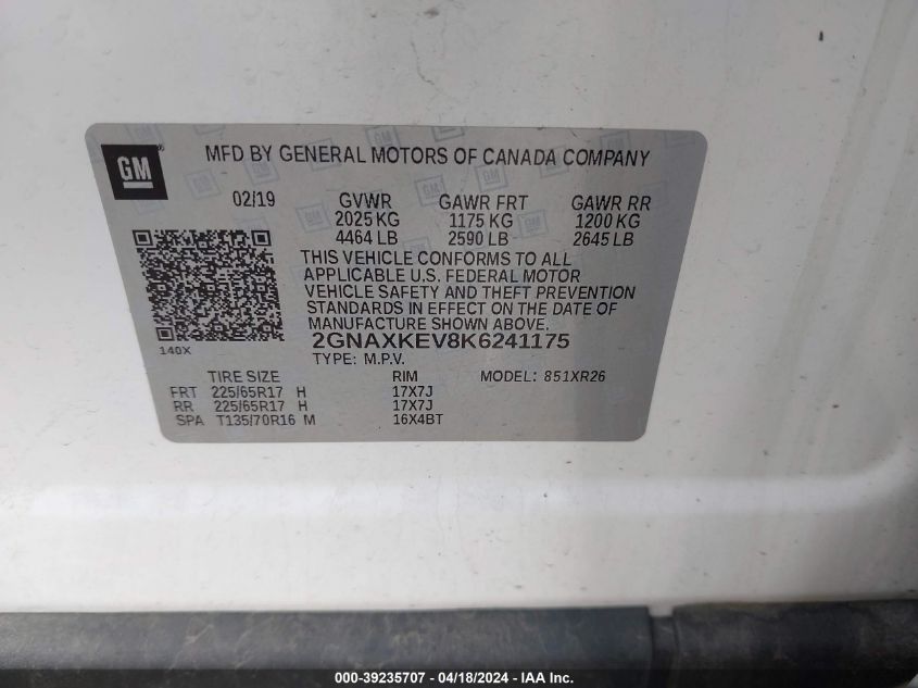 2019 Chevrolet Equinox Lt VIN: 2GNAXKEV8K6241175 Lot: 39235707