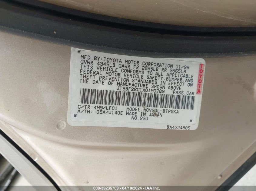 1999 Lexus Es 300 VIN: JT8BF28G1X0190789 Lot: 39219890