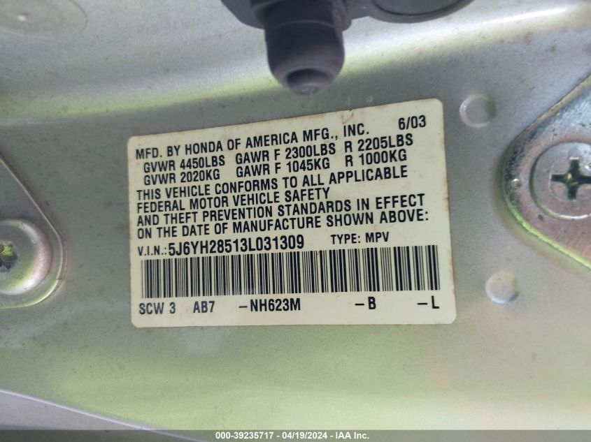 2003 Honda Element Ex VIN: 5J6YH28513L031309 Lot: 11975876