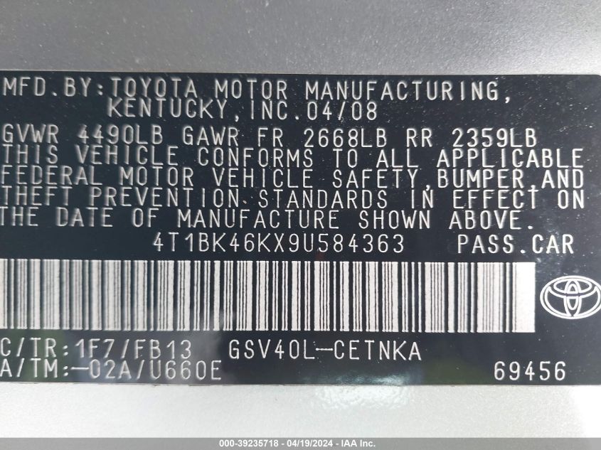 2009 Toyota Camry Se/Le/Xle VIN: 4T1BK46KX9U584363 Lot: 39235718