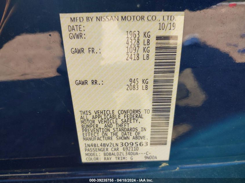 2020 Nissan Altima S Fwd VIN: 1N4BL4BV2LN309563 Lot: 39235755