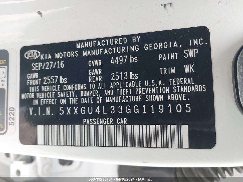 2016 Kia Optima Ex VIN: 5XXGU4L33GG119105 Lot: 39235764