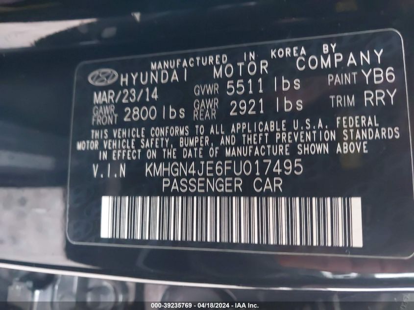 2015 Hyundai Genesis 3.8 VIN: KMHGN4JE6FU017495 Lot: 11987519