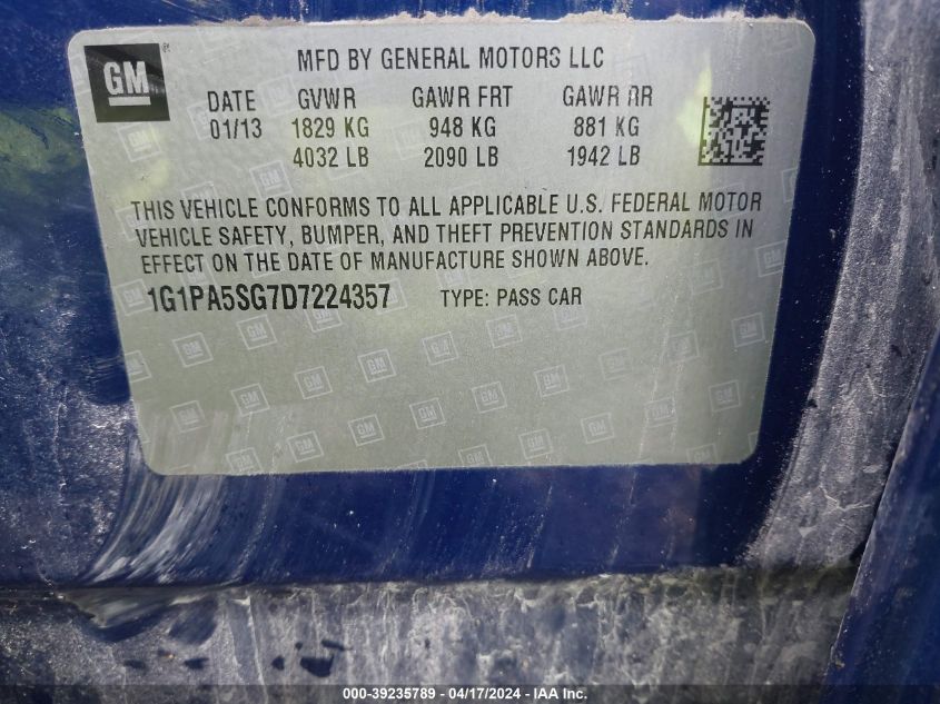 2013 Chevrolet Cruze Ls Auto VIN: 1G1PA5SG7D7224357 Lot: 39235789