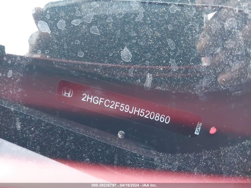 2018 Honda Civic Lx VIN: 2HGFC2F59JH520860 Lot: 39235797