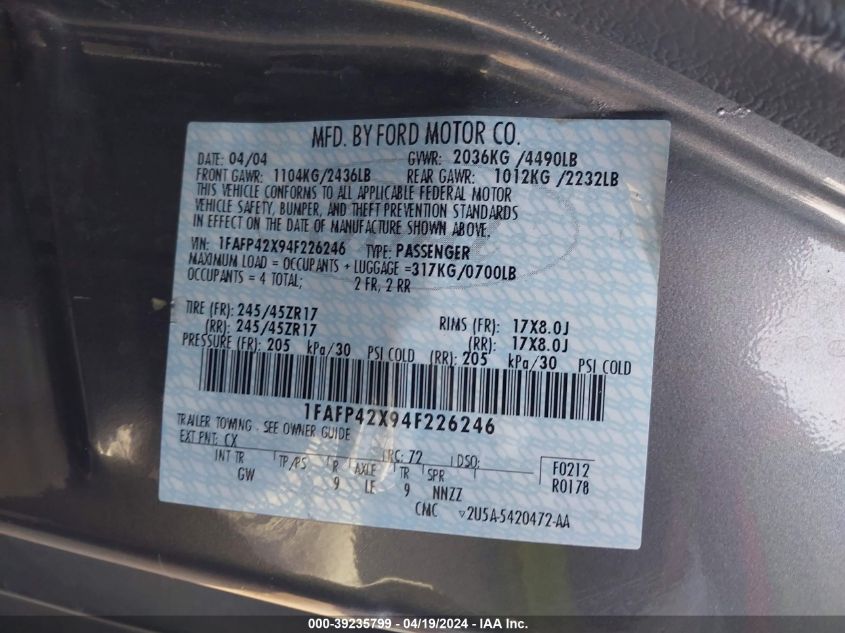 2004 Ford Mustang Gt VIN: 1FAFP42X94F226246 Lot: 39235799
