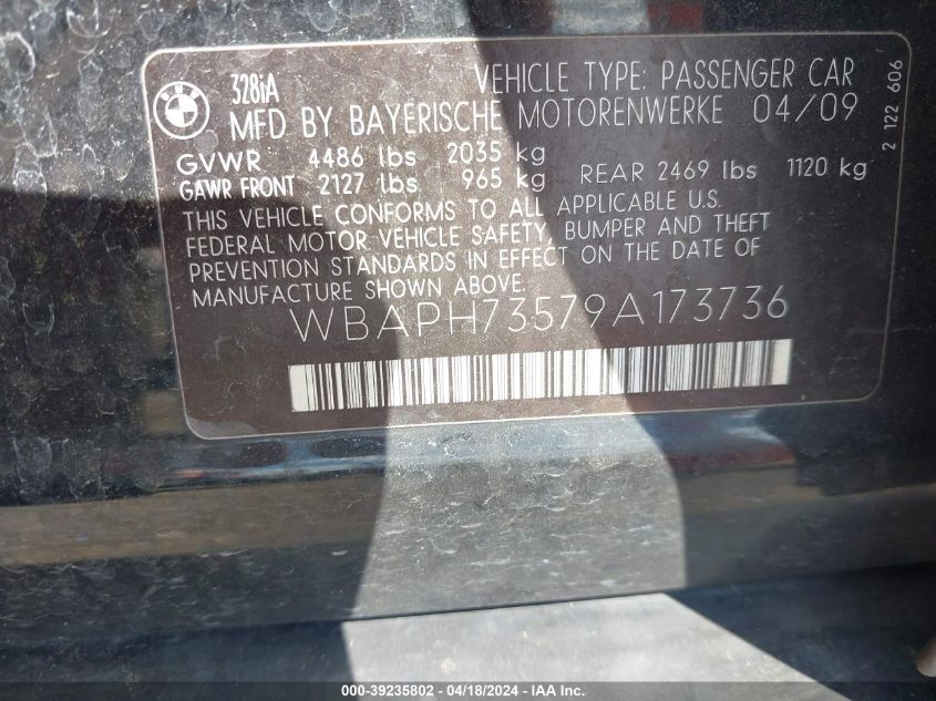 2009 BMW 328I VIN: WBAPH73579A173736 Lot: 39235802