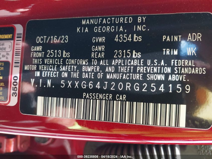 2024 Kia K5 Gt-Line VIN: 5XXG64J20RG254159 Lot: 39235808