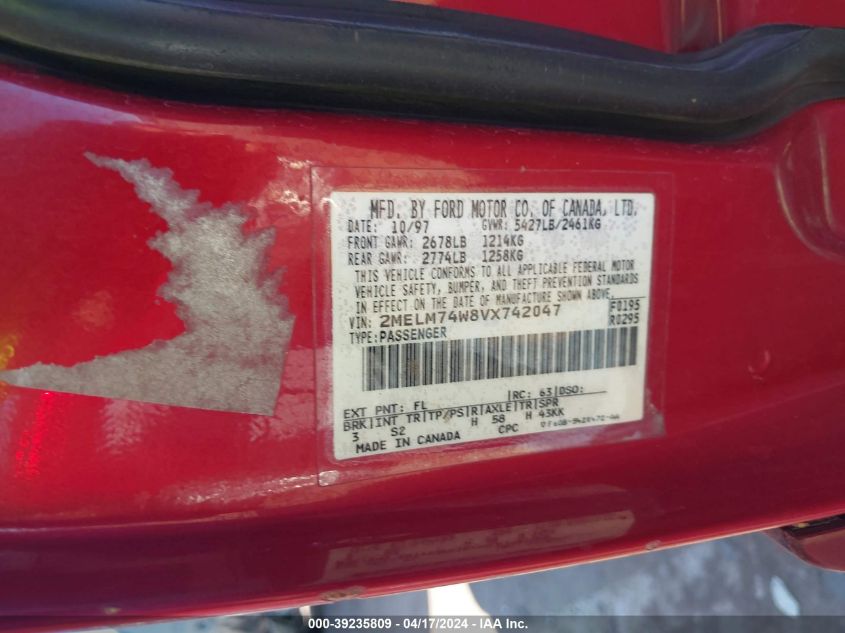 1997 Mercury Grand Marquis Gs VIN: 2MELM74W8VX742047 Lot: 44378794