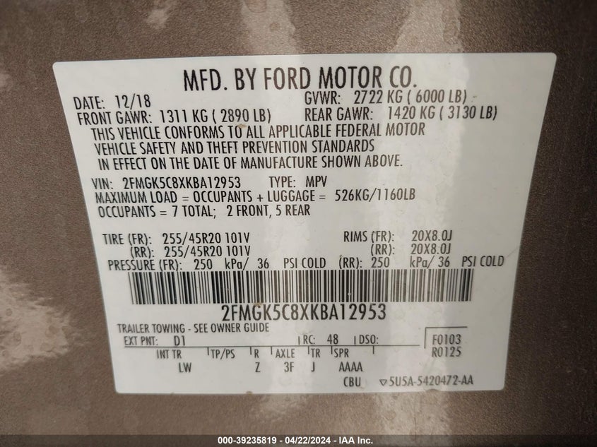 VIN 2FMGK5C8XKBA12953 2019 FORD FLEX SEL