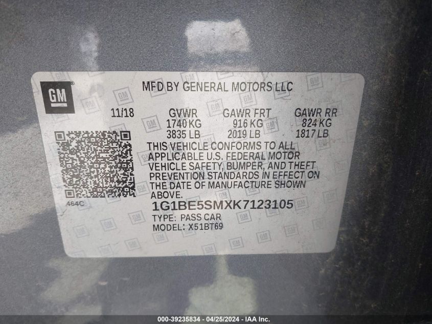 2019 Chevrolet Cruze Lt VIN: 1G1BE5SMXK7123105 Lot: 39235834