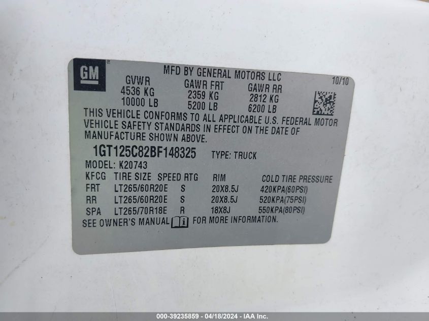 2011 GMC Sierra 2500Hd Denali VIN: 1GT125C82BF148325 Lot: 39235859