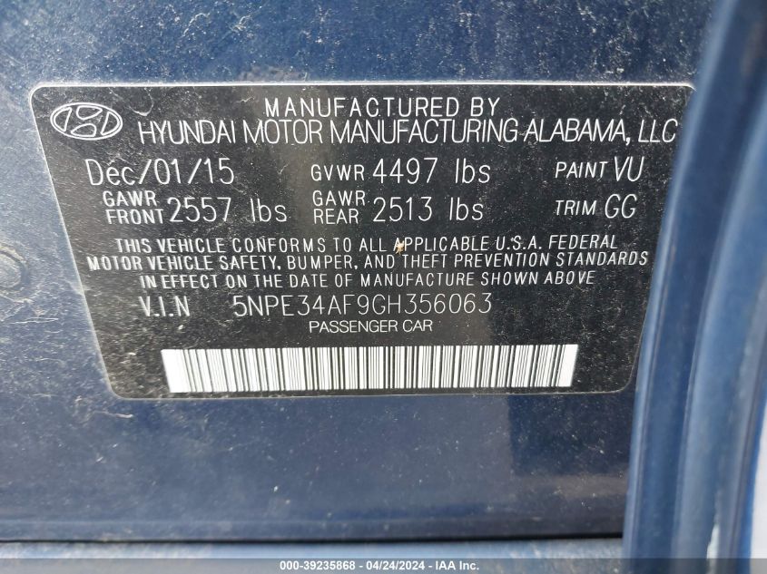 2016 Hyundai Sonata Sport VIN: 5NPE34AF9GH356063 Lot: 39235868