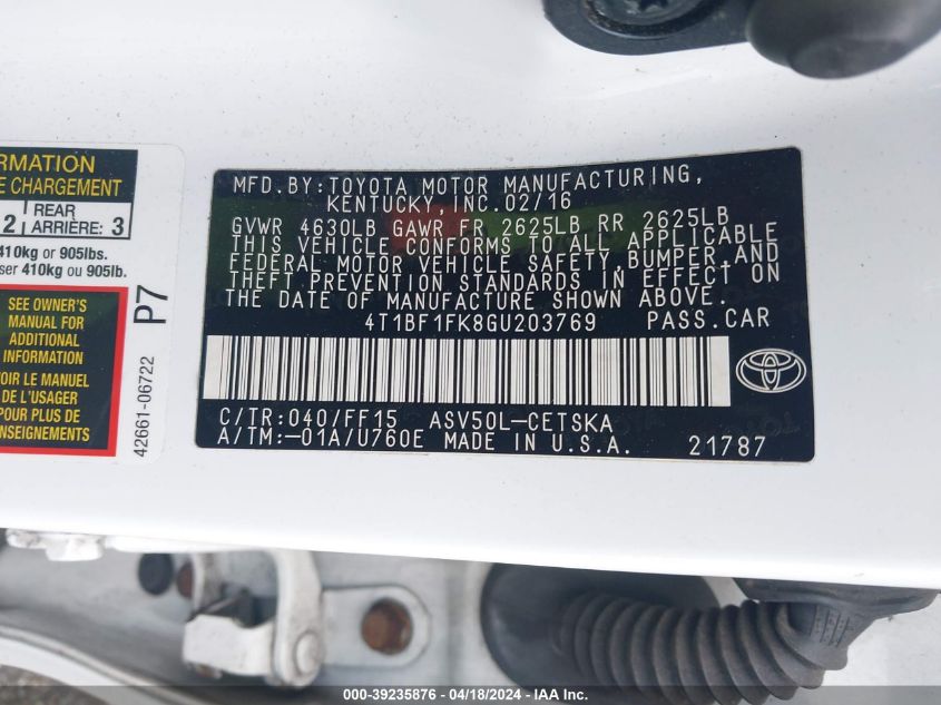 2016 Toyota Camry Se VIN: 4T1BF1FK8GU203769 Lot: 39235876