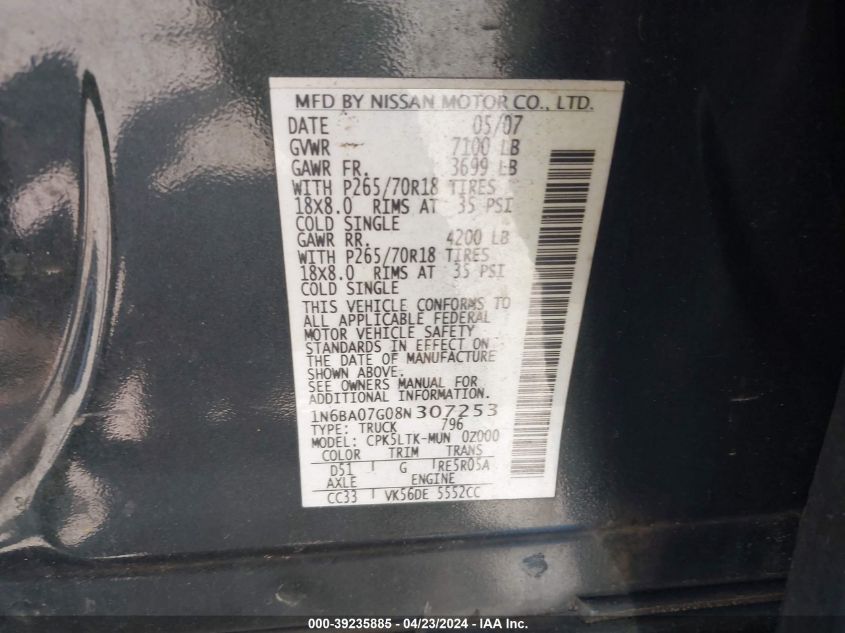 2008 Nissan Titan Se VIN: 1N6BA07G08N307253 Lot: 39235885