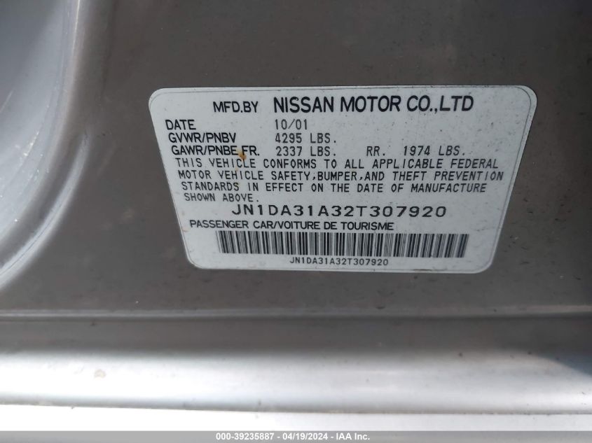 2002 Nissan Maxima Gle VIN: JN1DA31A32T307920 Lot: 39235887