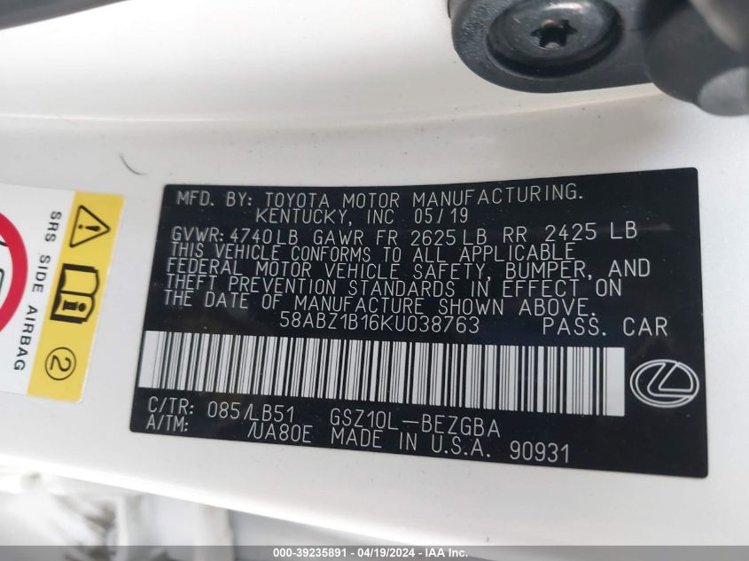 2019 Lexus Es 350 Luxury VIN: 58ABZ1B16KU038763 Lot: 39235891
