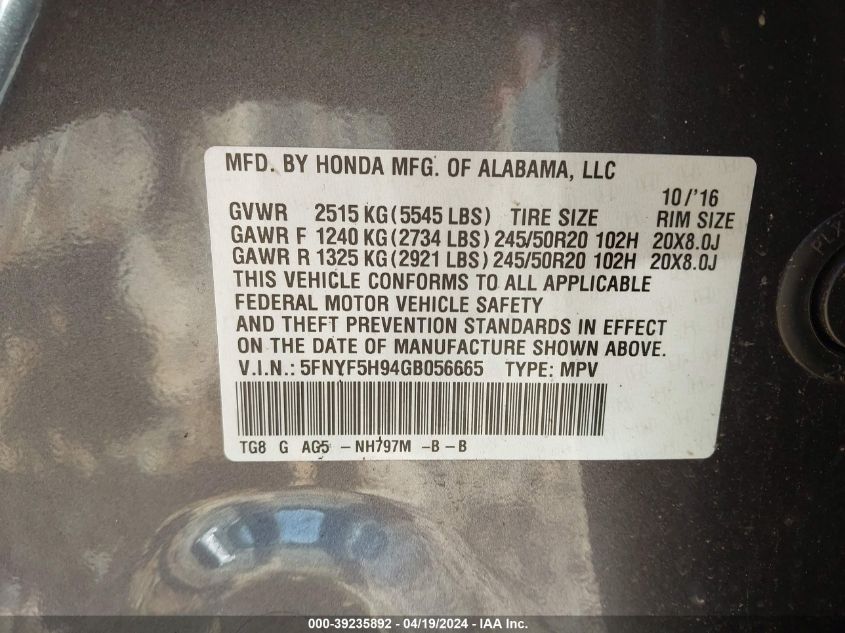 2016 Honda Pilot Touring VIN: 5FNYF5H94GB056665 Lot: 39235892