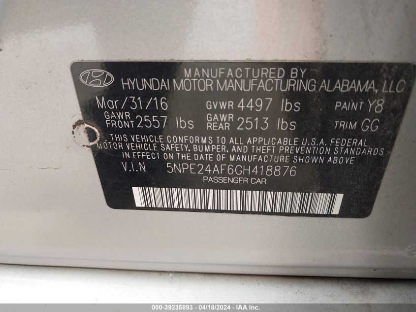 2016 Hyundai Sonata VIN: 5NPE24AF6GH418876 Lot: 39235893