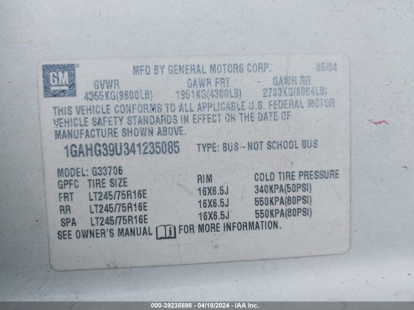 2004 Chevrolet Express VIN: 1GAHG39U341235085 Lot: 39235898