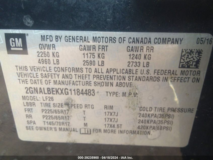 2016 Chevrolet Equinox Ls VIN: 2GNALBEKXG1184483 Lot: 39235900
