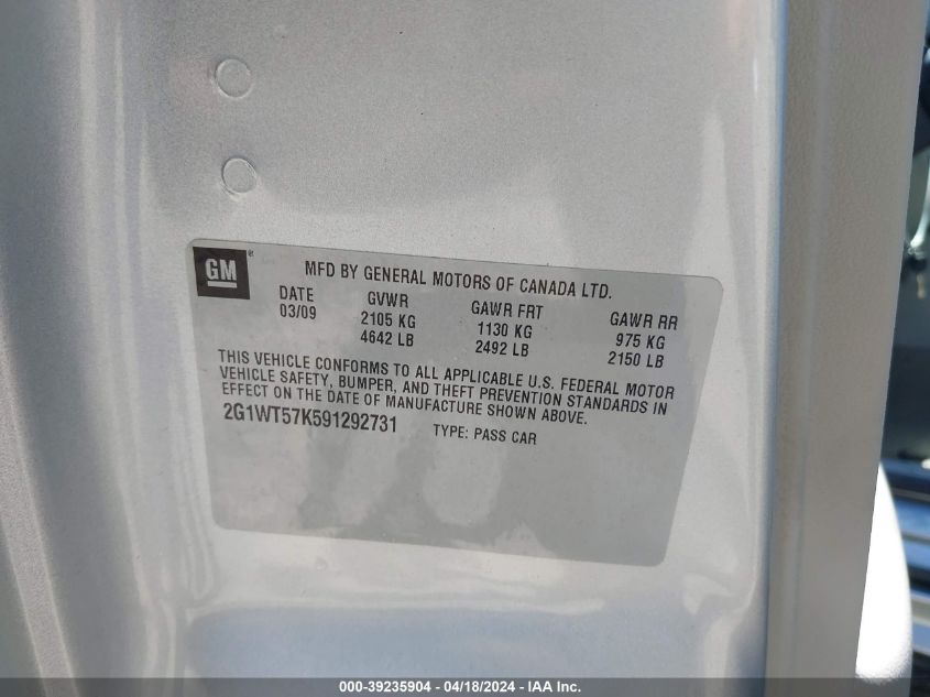 2009 Chevrolet Impala Lt VIN: 2G1WT57K591292731 Lot: 39235904
