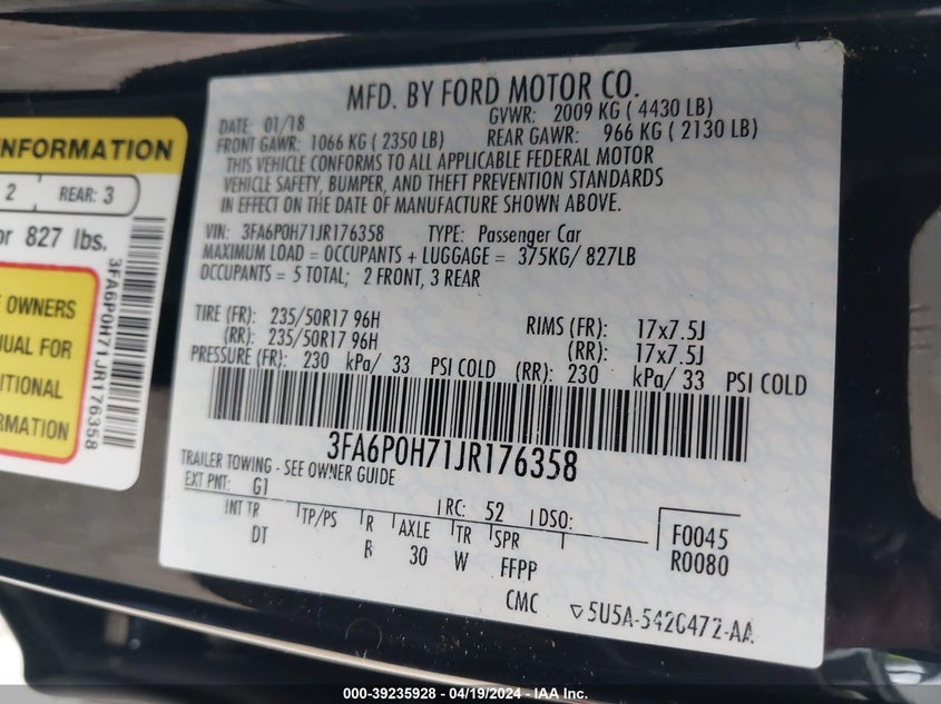 VIN 3FA6P0H71JR176358 2018 FORD FUSION SE