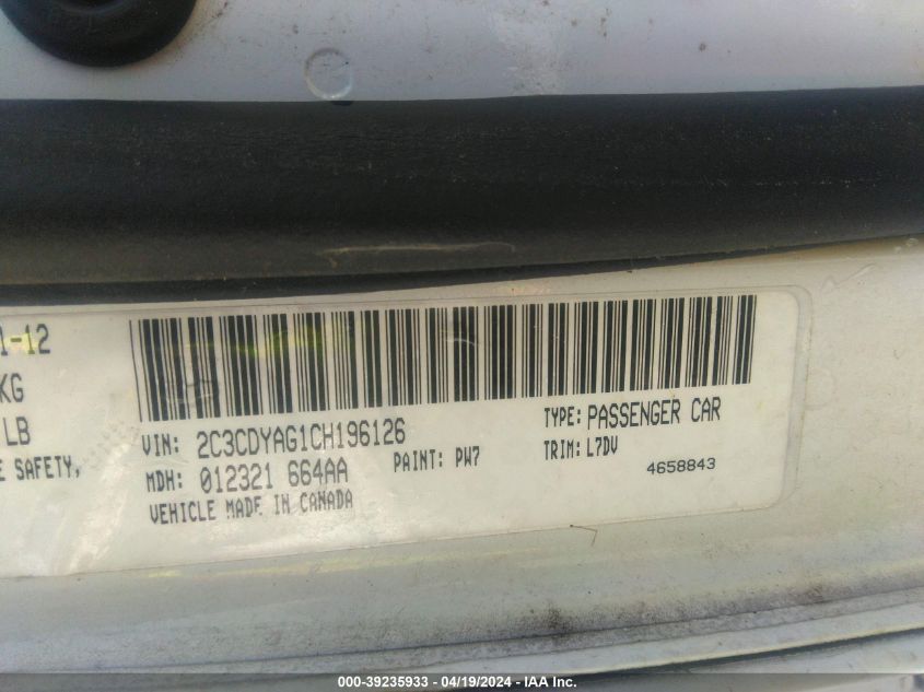 2012 Dodge Challenger Sxt VIN: 2C3CDYAG1CH196126 Lot: 39235933