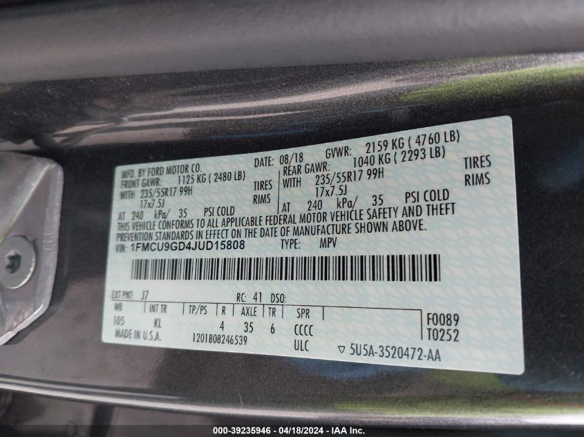 2018 Ford Escape Se VIN: 1FMCU9GD4JUD15808 Lot: 39235946