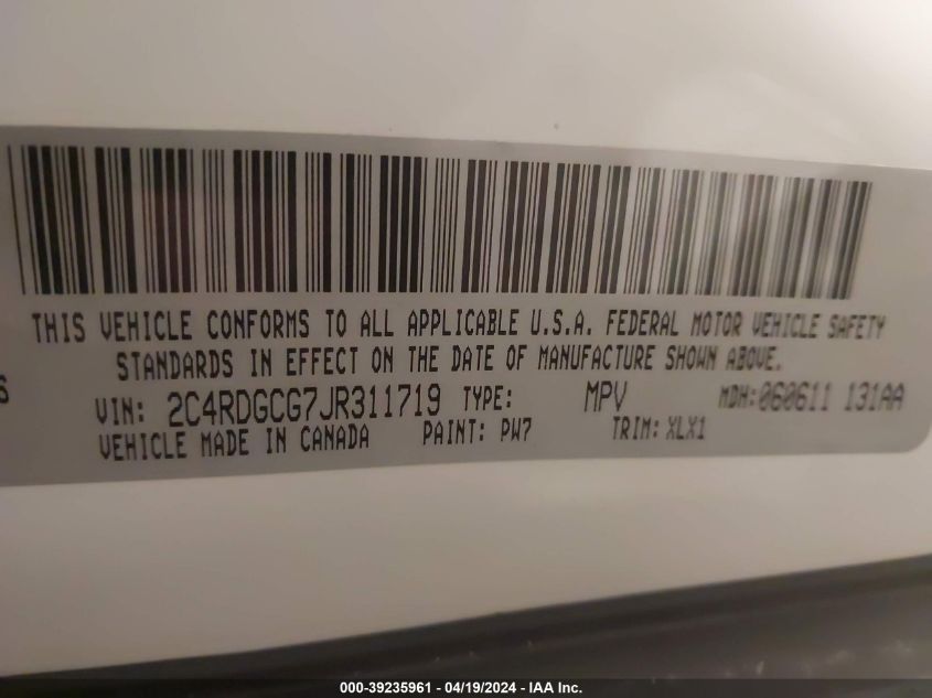 2018 Dodge Grand Caravan Sxt VIN: 2C4RDGCG7JR311719 Lot: 39235961