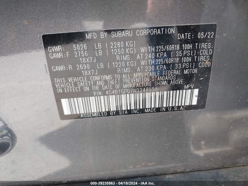 2022 Subaru Outback Touring Xt VIN: 4S4BTGPD7N3248555 Lot: 39235963