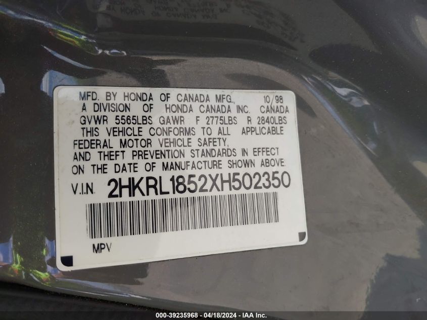 1999 Honda Odyssey Lx VIN: 2HKRL1852XH502350 Lot: 39235968