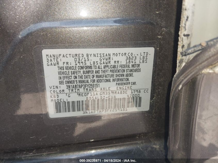 2015 Nissan Sentra Fe+ S/S/Sl/Sr/Sv VIN: 3N1AB7AP3FY259151 Lot: 39235971