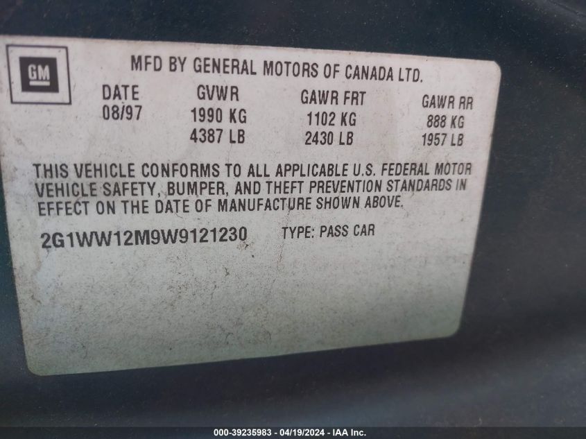 1998 Chevrolet Monte Carlo Ls VIN: 2G1WW12M9W9121230 Lot: 39235983